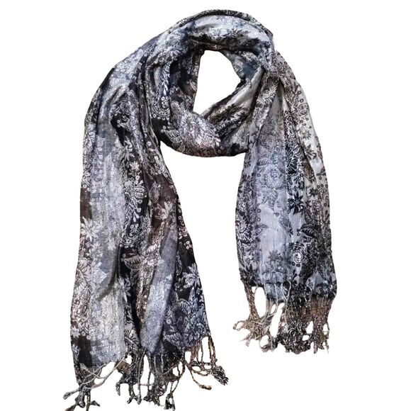 Sheer Long Lace Scarf Shawl Black Silver Glitter Stitching Fringe - Picture 5 of 9